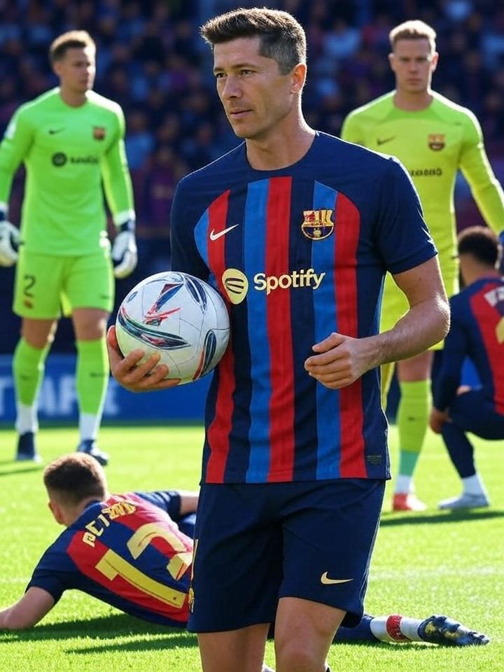 تصویری پویا از بازیکنان تیم بارسلونا در بازی EA Sports FC 24، شامل رابرت لواندوفسکی با امتیاز 90، مارک آندره تر اشتگن با امتیاز 89، فرانکی دی یونگ، پدری، رونالد آرائوخو، ایلکای گوندوگان و ژول کوند، در حال بازی در زمین فوتبال با نمایش رتبه‌ها و امتیازاتشان